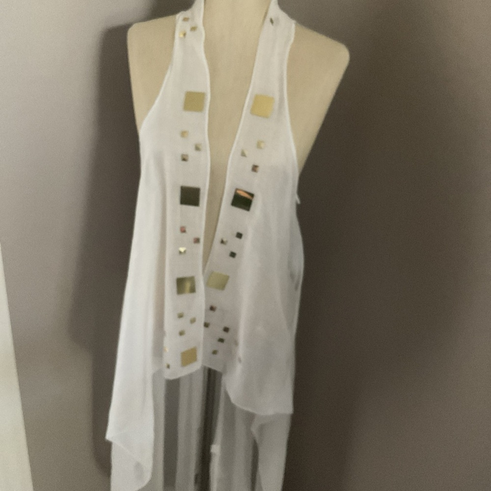swim cover up white sheer cotton maxi from Turkey with Gold Accents Sz M - Picture 6 of 16